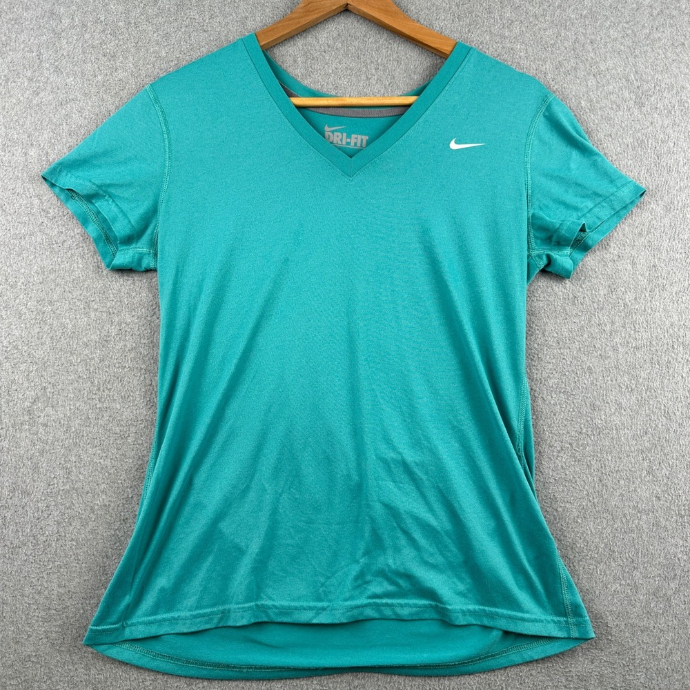 Nike Shirt Womens Medium Teal Dri-Fit V-Neck Short Sleeve Regular Fit Athletic - Picture 2 of 10